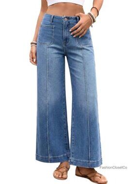 High Waisted Wide Leg Cropped Jeans with Front Seams